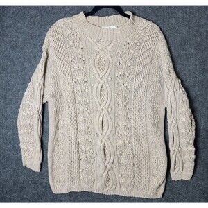 VINTAGE 90s EXPRESS TRICOT Chunky Cable Knit Sweater L Tan Bobble